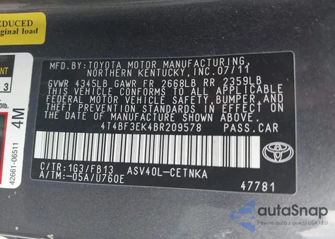 2011 Toyota Camry Le z USA, uszkodzony, nr VIN 4T4BF3EK4BR209578